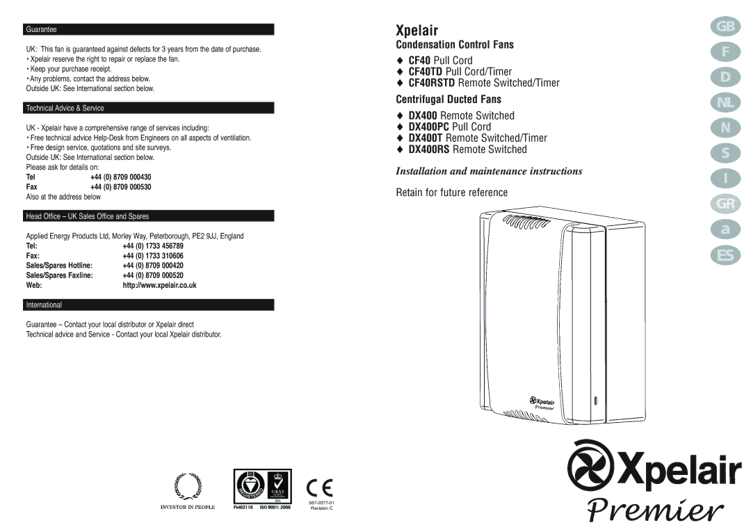 Xpelair DX400T, DX400RS, CF40TD, DX400PC, CF40RSTD manual Guarantee, Revision C 