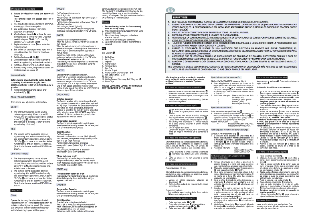 Xpelair CF40RSTD, DX400T, DX400RS, CF40TD, DX400PC manual Importante 