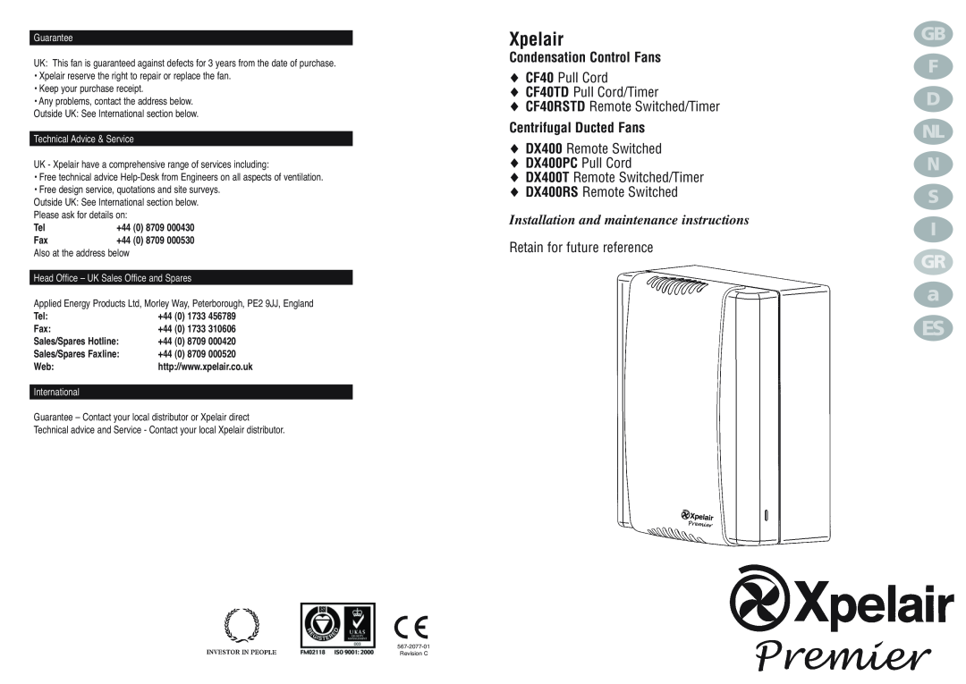 Xpelair DX400T manual a ES, Xpelair, Condensation Control Fans, CF40 Pull Cord, CF40TD Pull Cord/Timer, DX400PC Pull Cord 