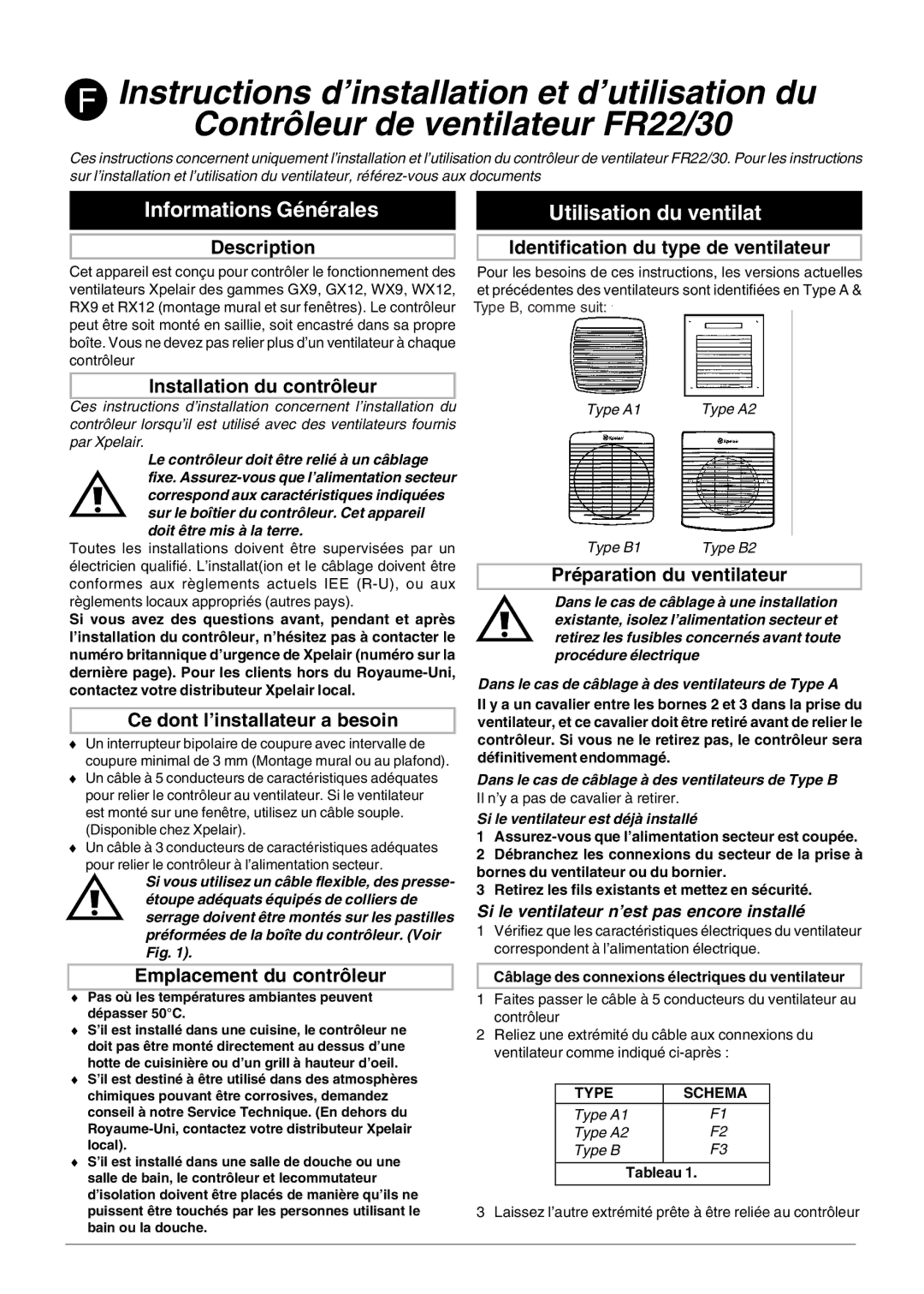 Xpelair FR22-30 operating instructions Informations Générales, Utilisation du ventilateur 