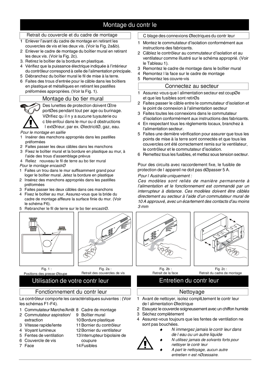 Xpelair FR22-30 operating instructions Montage du contrôleur, Utilisation de votre contrôleur, Entretien du contrôleur 