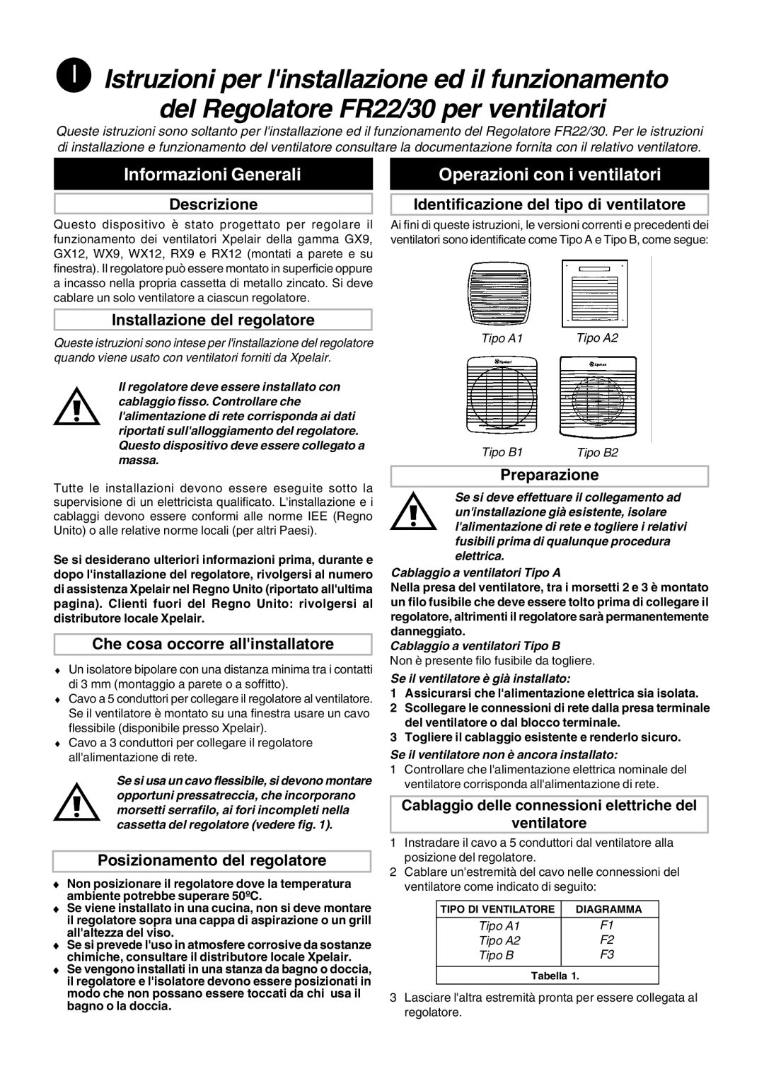 Xpelair FR22-30 operating instructions Informazioni Generali, Operazioni con i ventilatori 