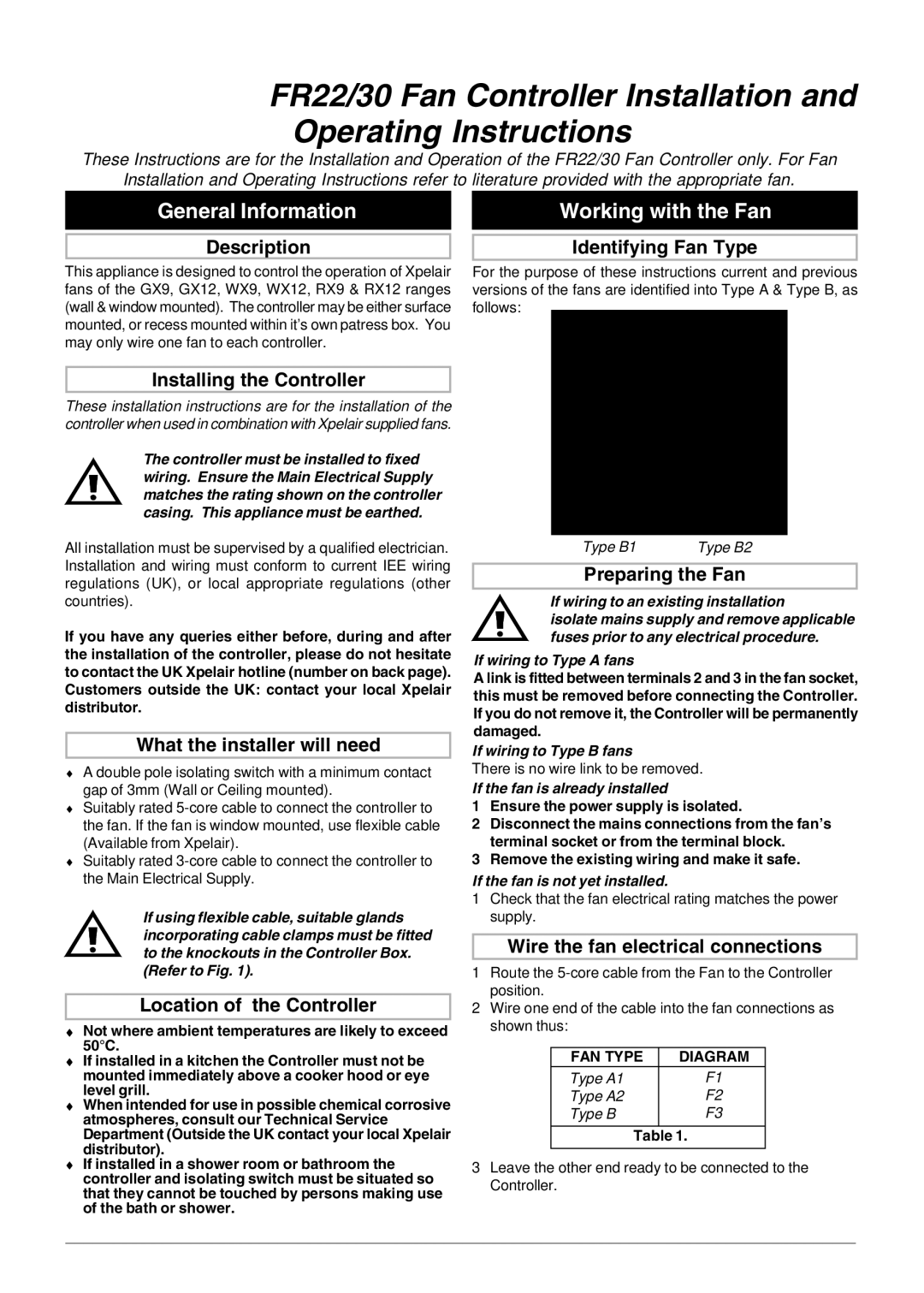 Xpelair FR22-30 operating instructions General Information, Working with the Fan 