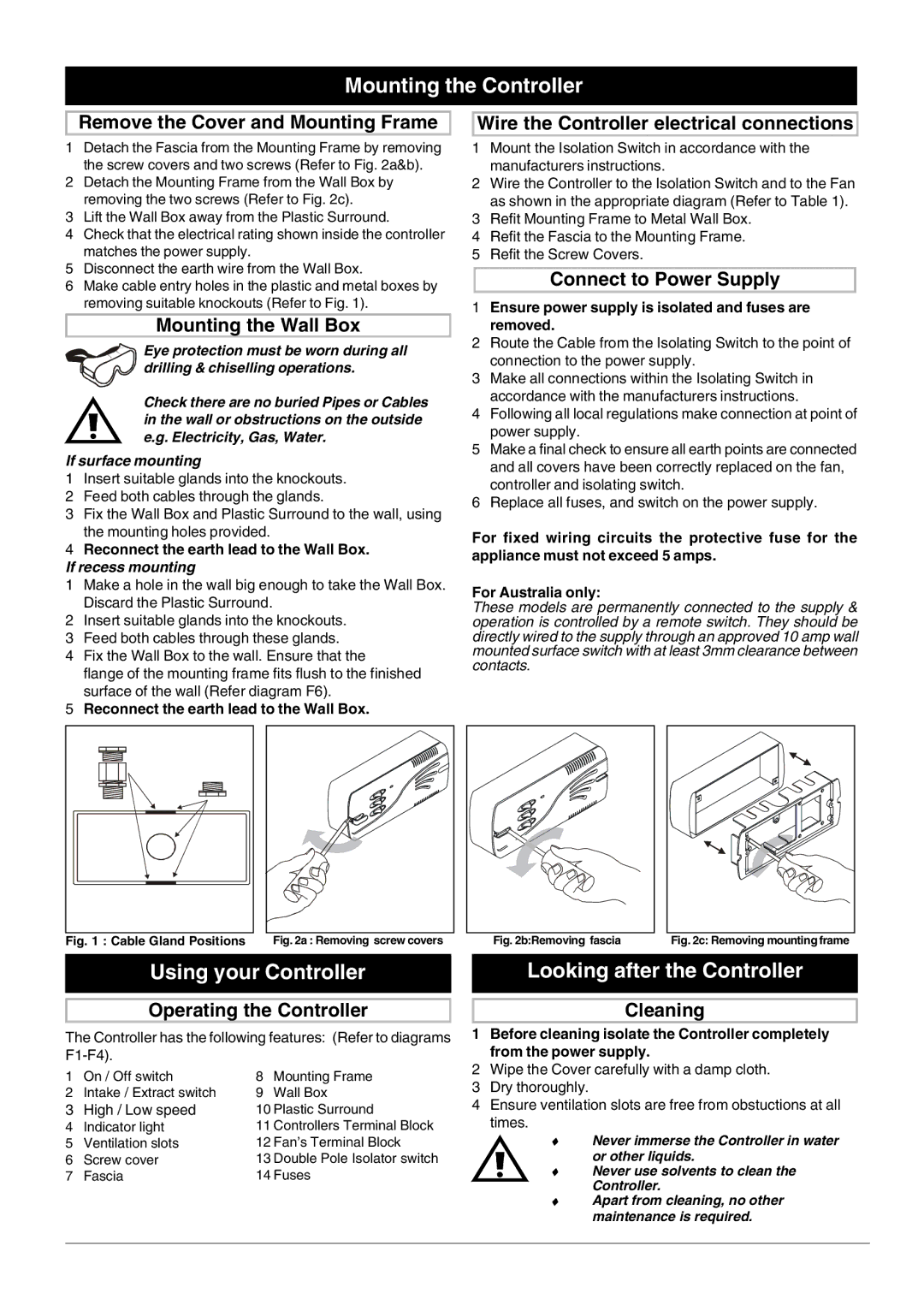 Xpelair FR22-30 operating instructions Mounting the Controller, Using your Controller, Looking after the Controller 