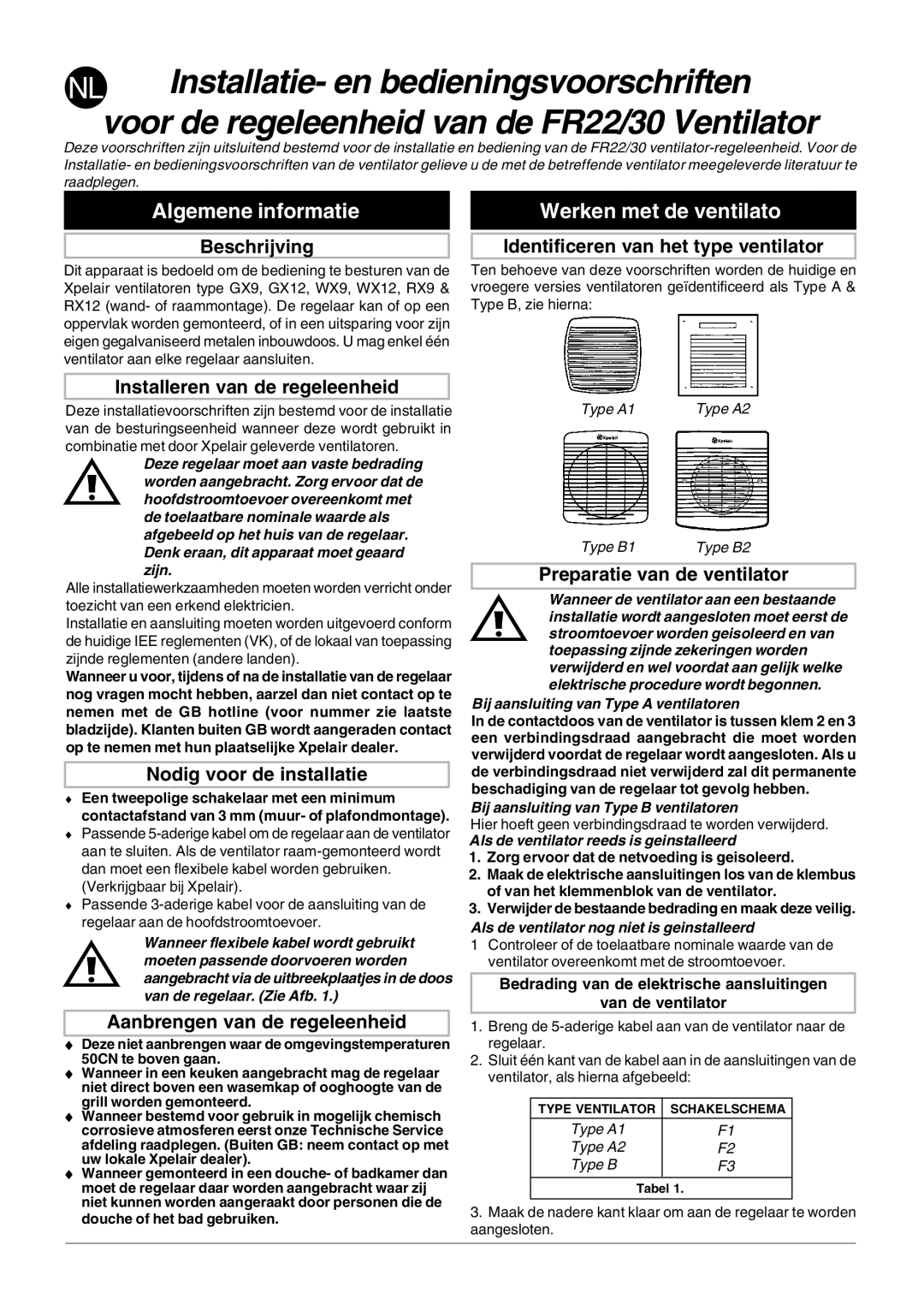 Xpelair FR22-30 operating instructions Algemene informatie, Werken met de ventilator 