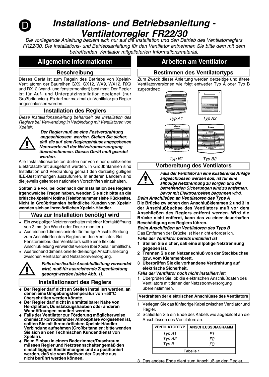 Xpelair FR22-30 operating instructions Allgemeine Informationen, Arbeiten am Ventilator 