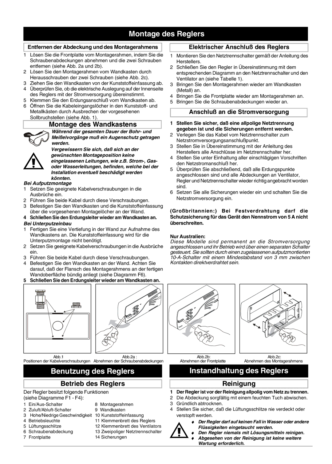 Xpelair FR22-30 operating instructions Montage des Reglers, Benutzung des Reglers, Instandhaltung des Reglers 