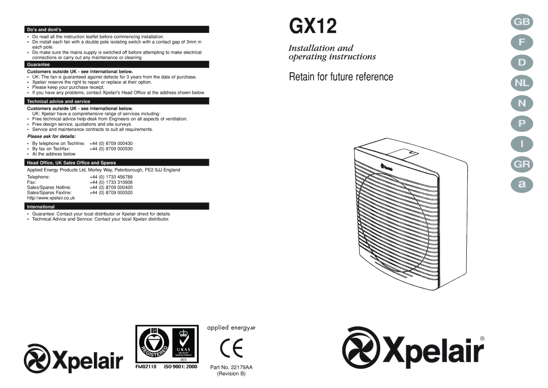 Xpelair GX12 manual 