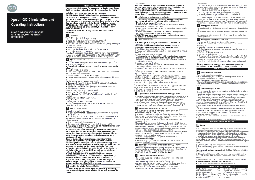 Xpelair GX12 manual Operating Instructions 