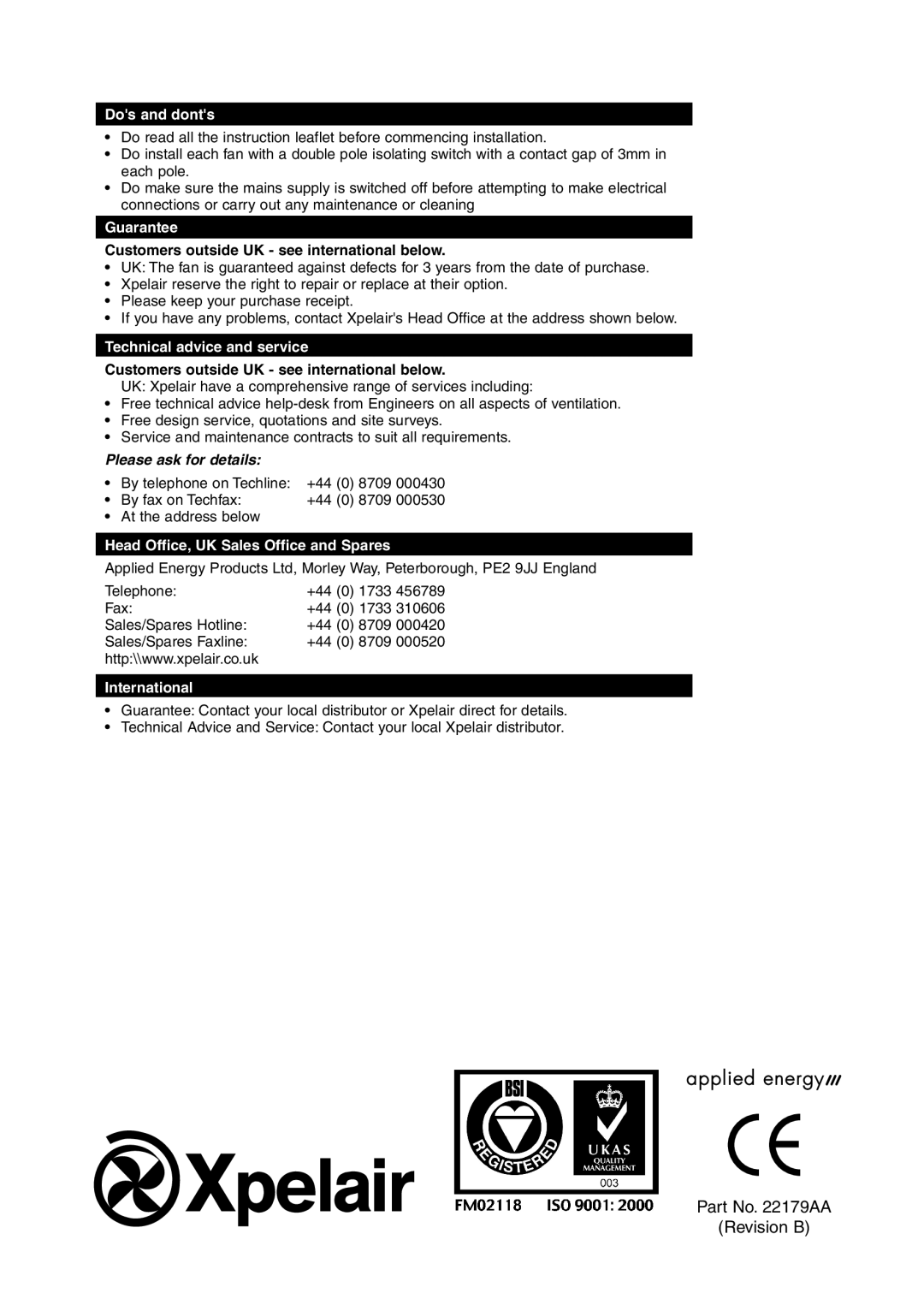 Xpelair GX12 manual Part No AA Revision B 