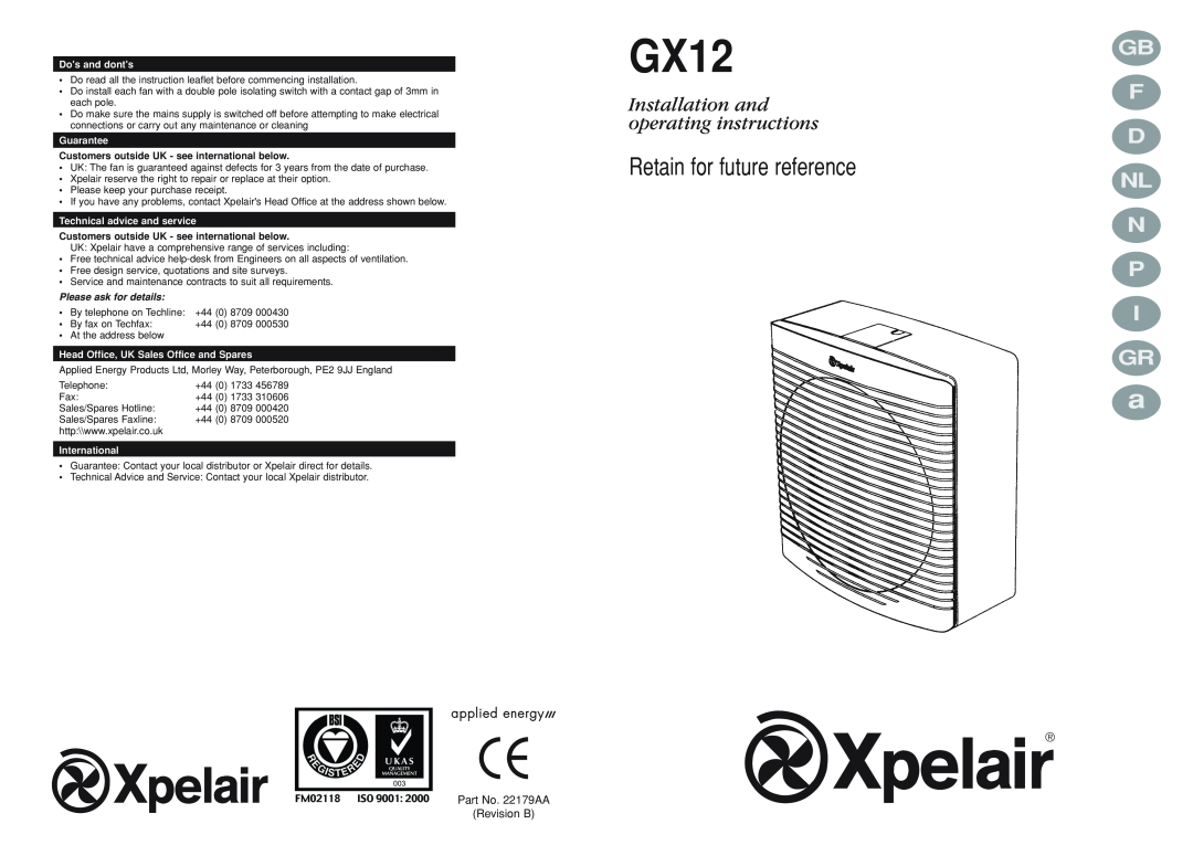Xpelair manual D Nl N P, GX12GB, Retain for future reference, Installation and operating instructions 
