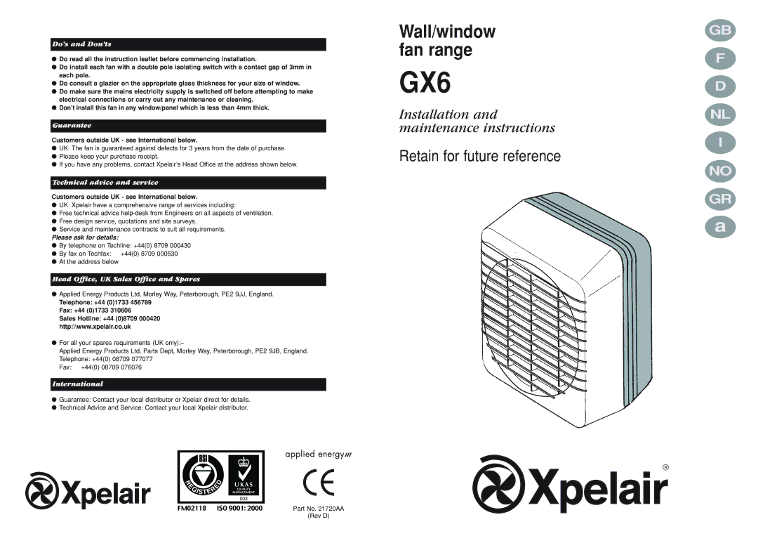 Xpelair GX6 manual Do’s and Don’ts, Guarantee, Technical advice and service, Head Office, UK Sales Office and Spares 