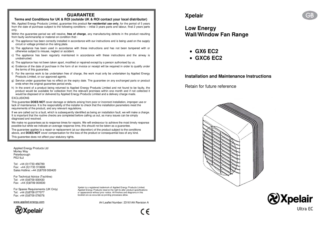 Xpelair GX6 EC2, GXC6 EC2 specifications Exclusions, PE2 9JJ 