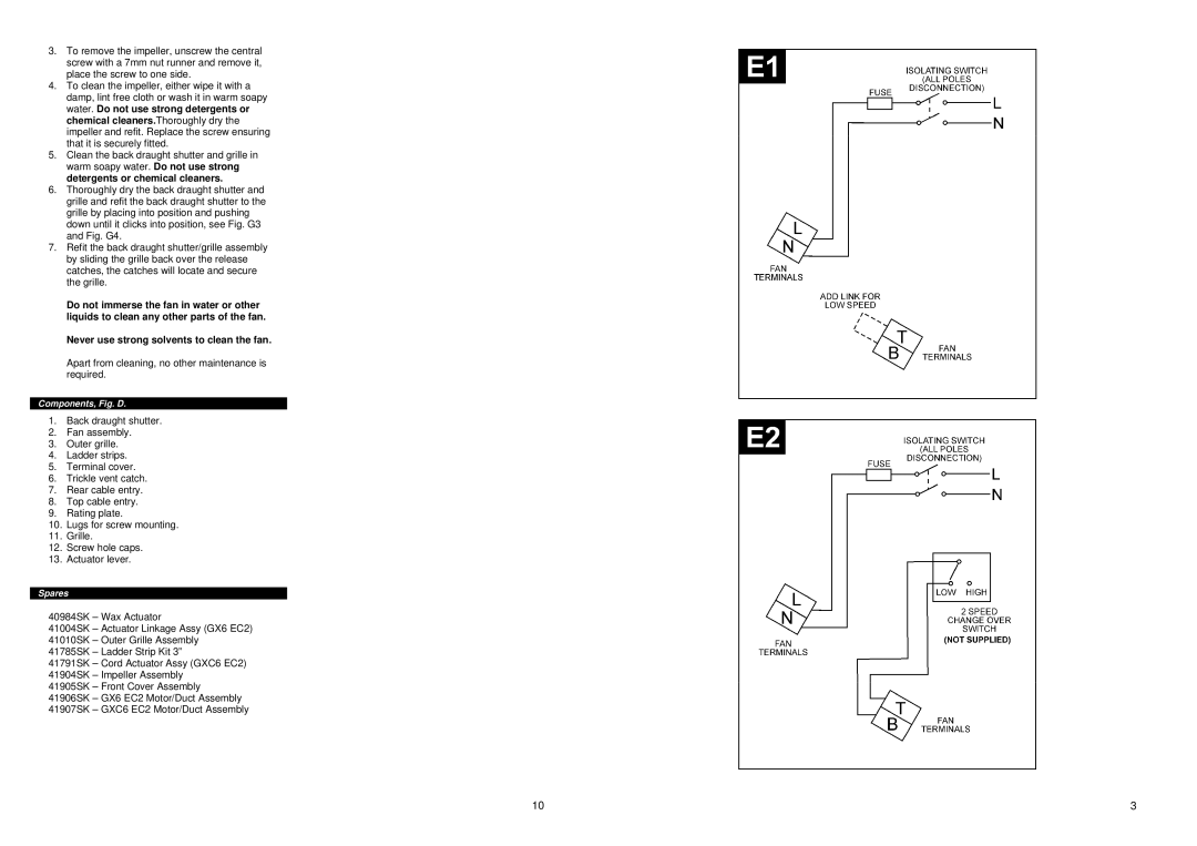 Xpelair GX6 EC2, GXC6 EC2 specifications Apart from cleaning, no other maintenance is required 