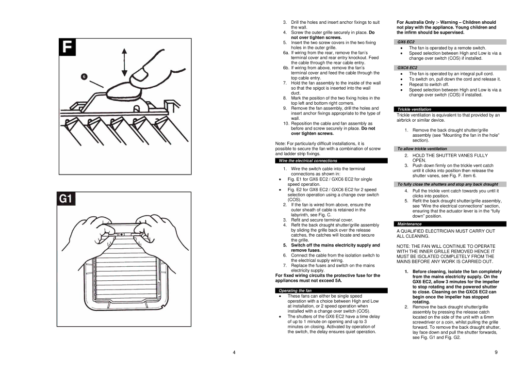 Xpelair GXC6 EC2, GX6 EC2 Hold the Shutter Vanes Fully Open, Qualified Electrician Must Carry OUT ALL Cleaning 