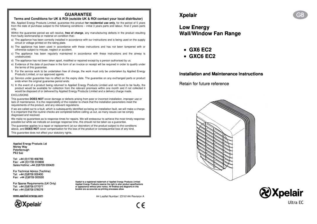 Xpelair specifications Xpelair Low Energy Wall/Window Fan Range GX6 EC2, GXC6 EC2, Guarantee 