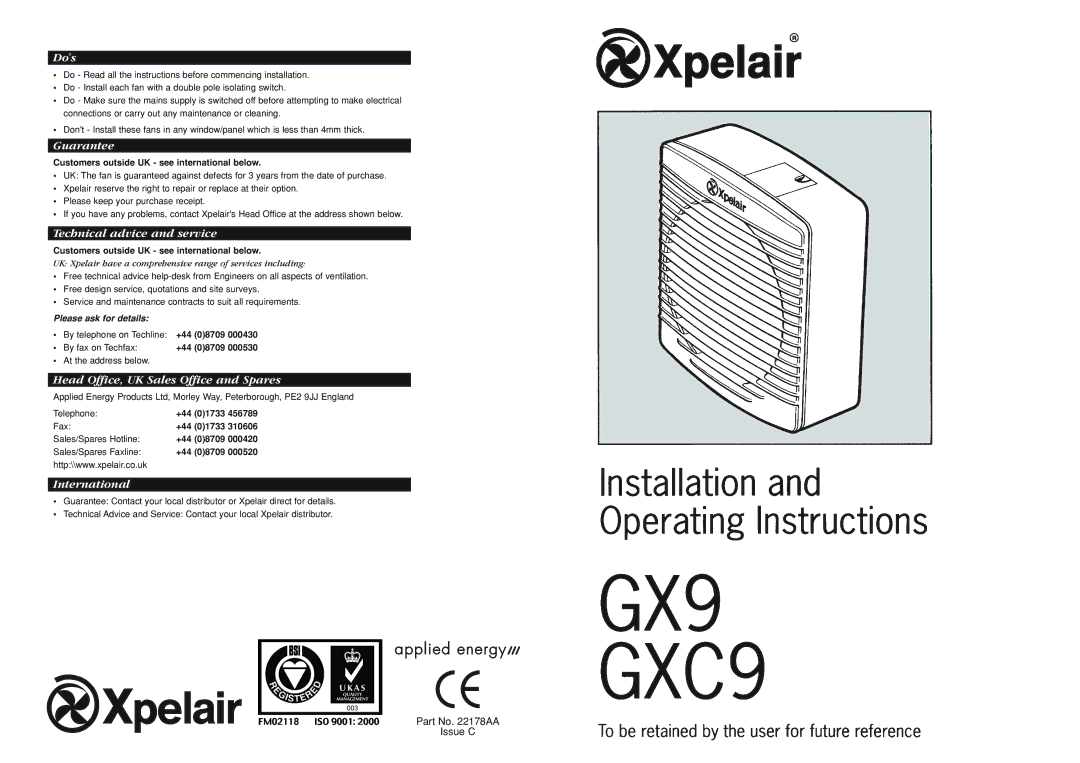 Xpelair GX9, GXC9 manual Customers outside UK see international below, By fax on Techfax +44 08709, +44 01733 