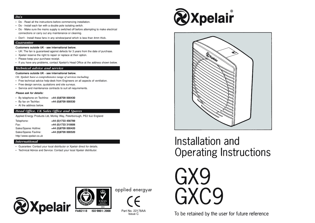 Xpelair GX9, GXC9 manual Part No. 22178AA Issue C, Guarantee, Technical advice and service, International 