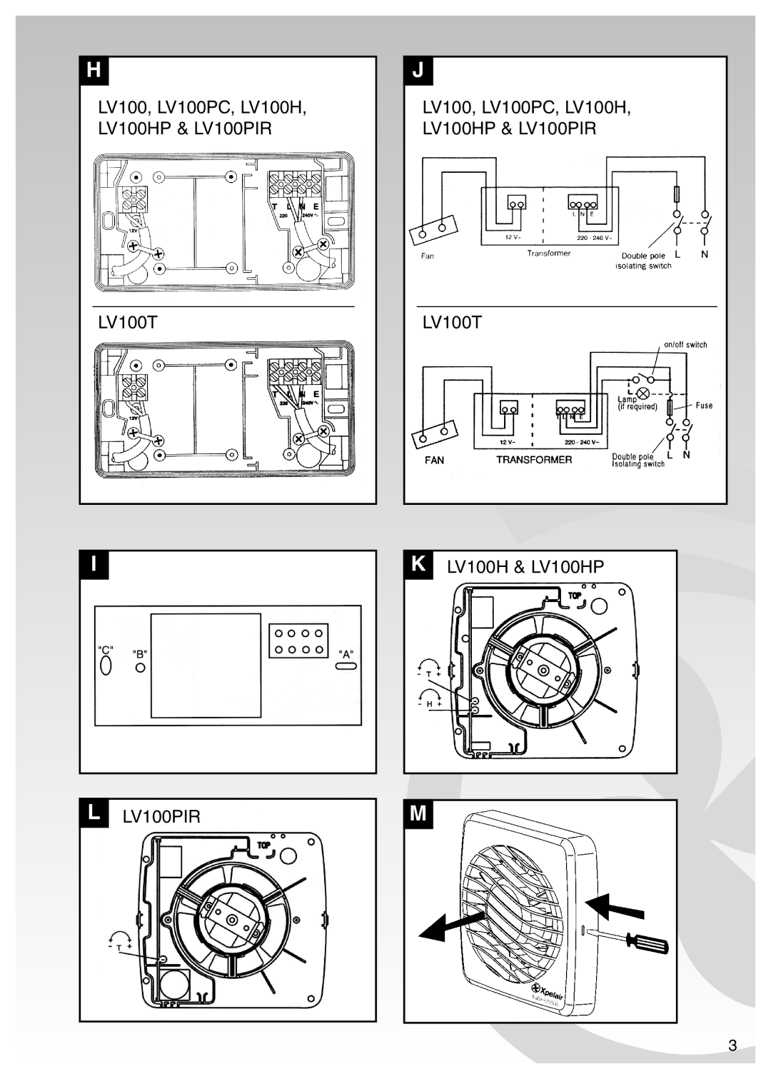 Xpelair operating instructions LV100, LV100PC, LV100H, LV100HP & LV100PIR LV100T 