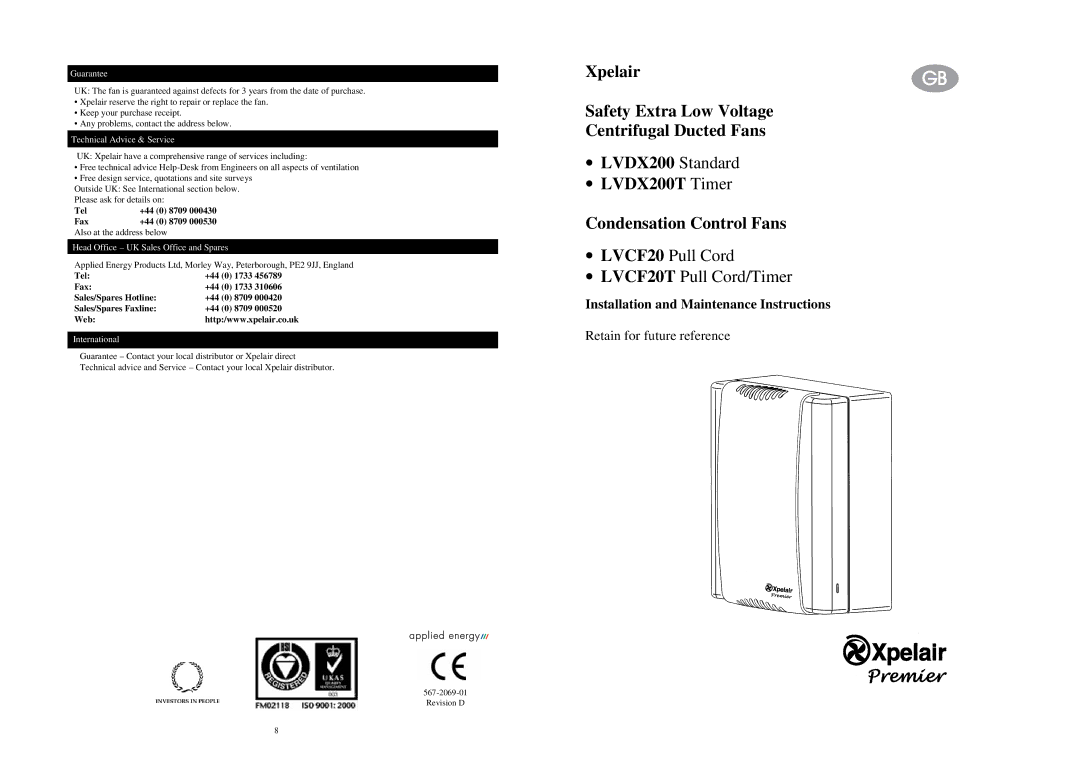 Xpelair LVDX200T manual ∙ LVCF20 Pull Cord ∙ LVCF20T Pull Cord/Timer 