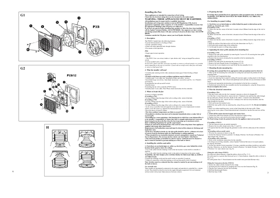 Xpelair PX12, PX9 Description, What the installer will need, Where to locate the fan, Installing the switches and cables 