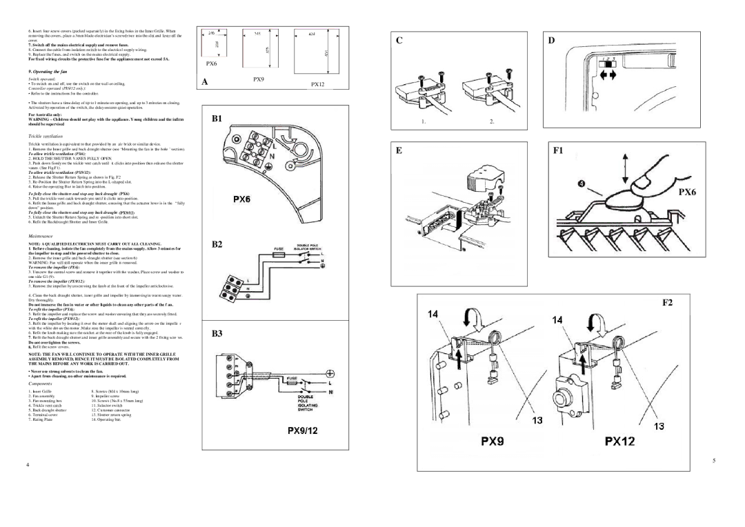 Xpelair PX9, PX12, PX6 specifications Operating the fan 