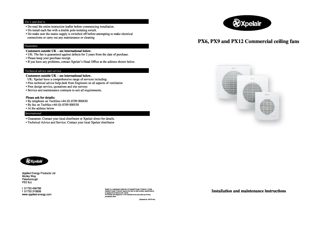 Xpelair specifications Installation and maintenance instructions, PX6, PX9 and PX12 Commercial ceiling fans, Guarantee 