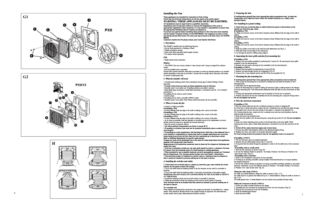 Xpelair PX12, PX6 specifications G1 G2, Installing the Fan, Warning These Appliances Must Be Earthed, PX9/12 