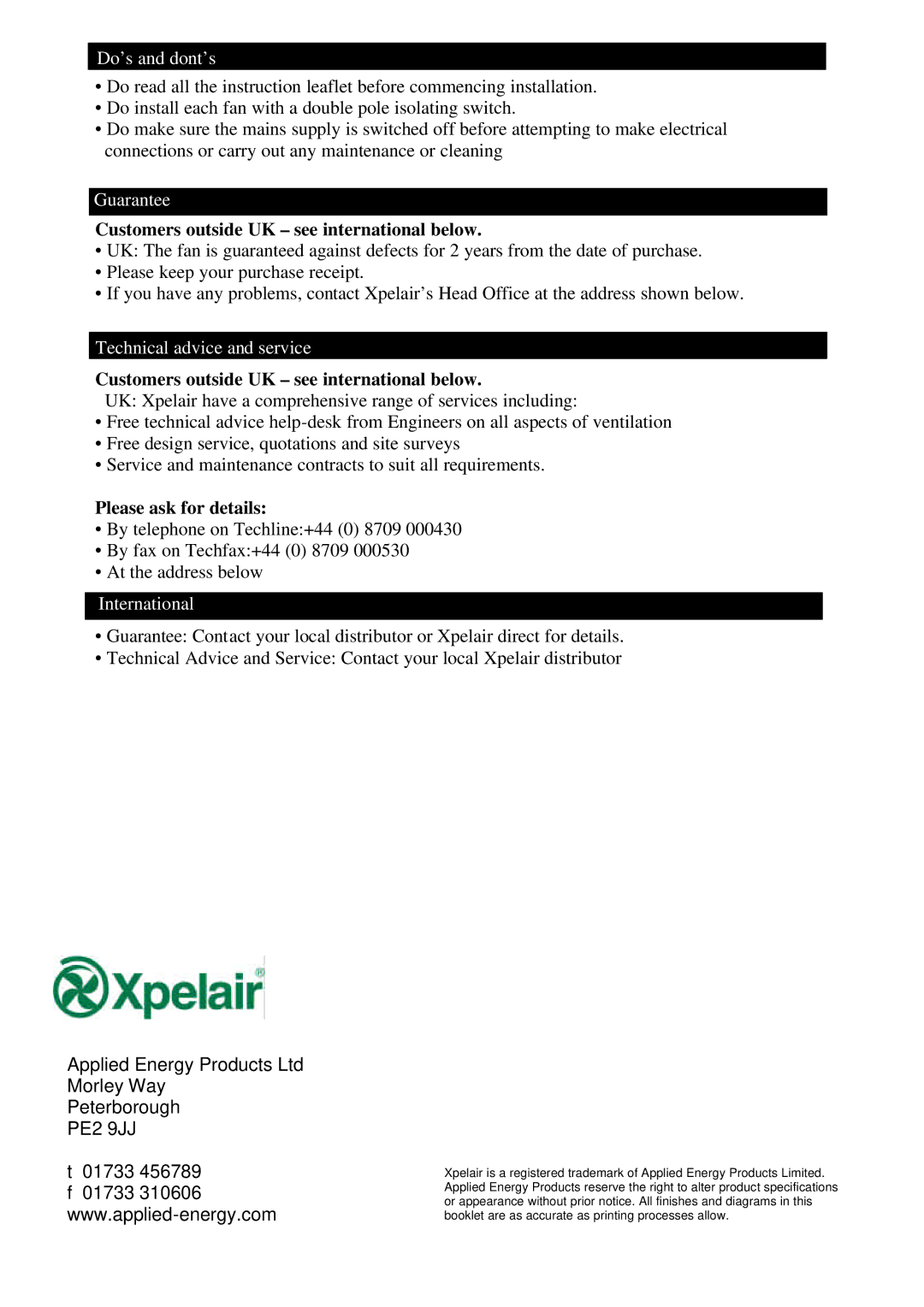 Xpelair SL150P, SL150HT, SL100T, SL100HT, SL100P manual Customers outside UK see international below 