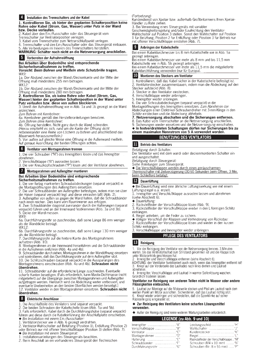 Xpelair WX12, WX9 operating instructions 