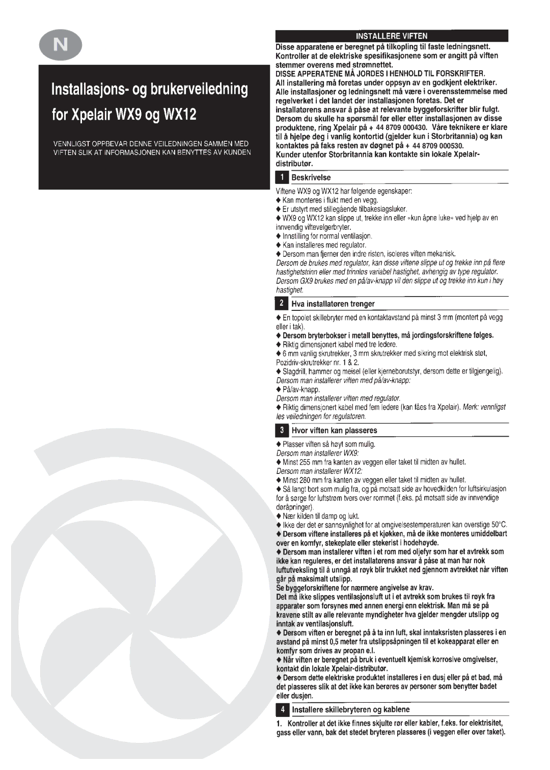 Xpelair WX9, WX12 operating instructions 44 8709 