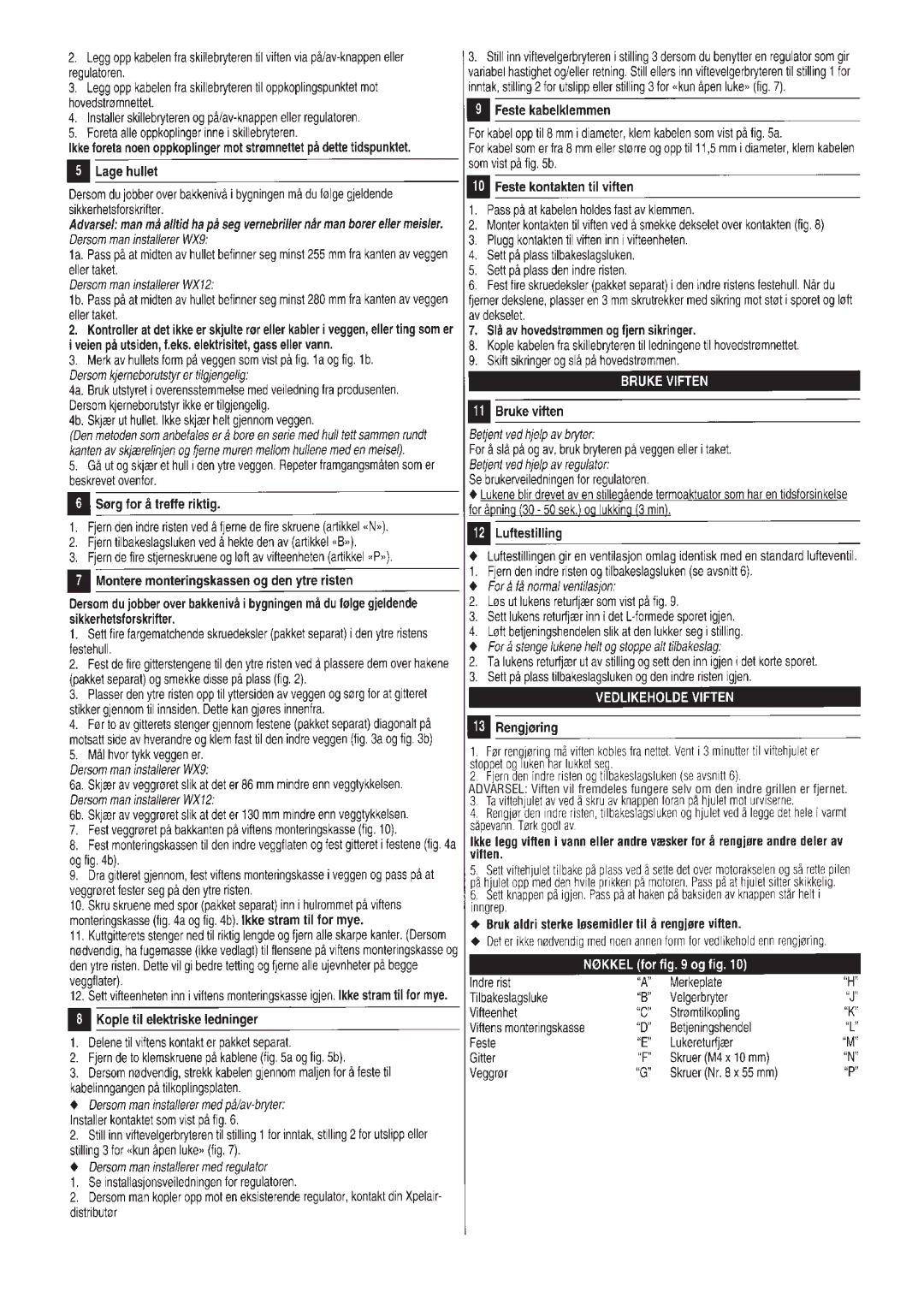 Xpelair WX12, WX9 operating instructions 