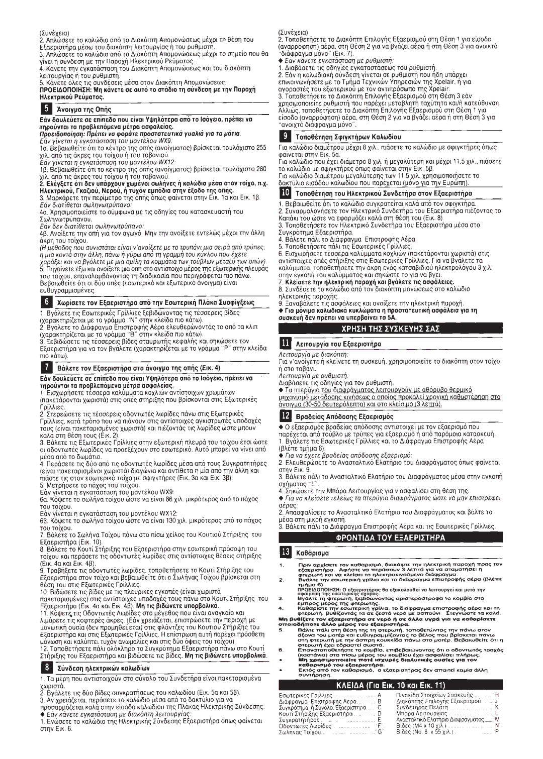 Xpelair WX12, WX9 operating instructions ΠΡεθα ενα λειτκαι µετά την ατης εσωτερικής σ 