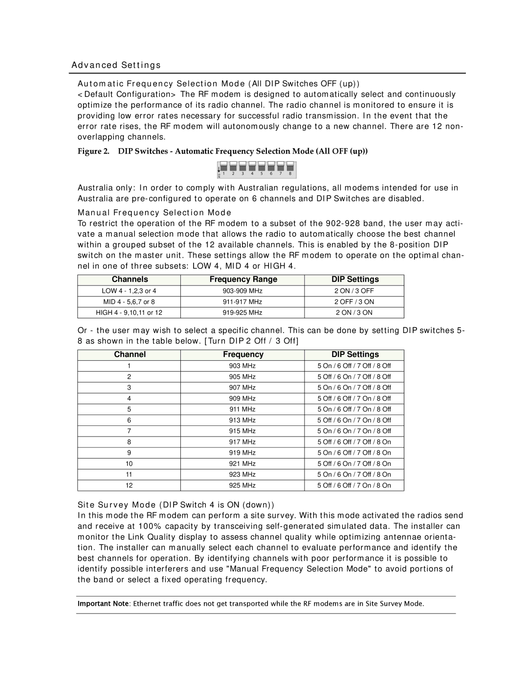 Xpress XEB09-C specifications Advanced Settings, Automatic Frequency Selection Mode All DIP Switches OFF up 