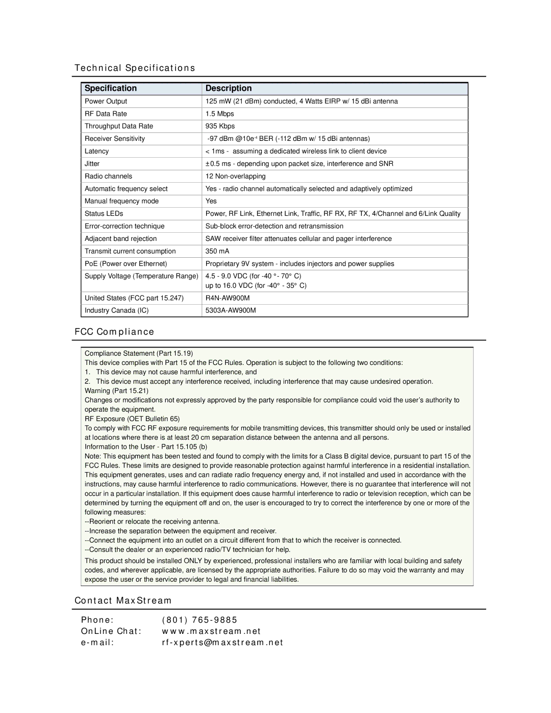 Xpress XEB09-C specifications Technical Specifications, FCC Compliance, Contact MaxStream, Specification Description 