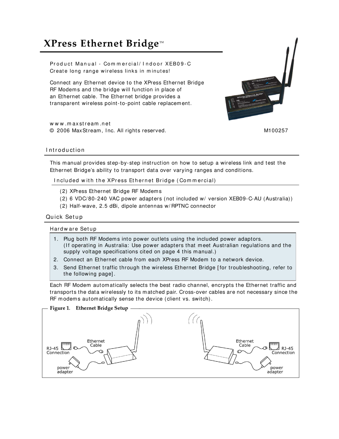 Xpress specifications Introduction, Quick Setup, Product Manual Commercial/Indoor XEB09-C, Hardware Setup 