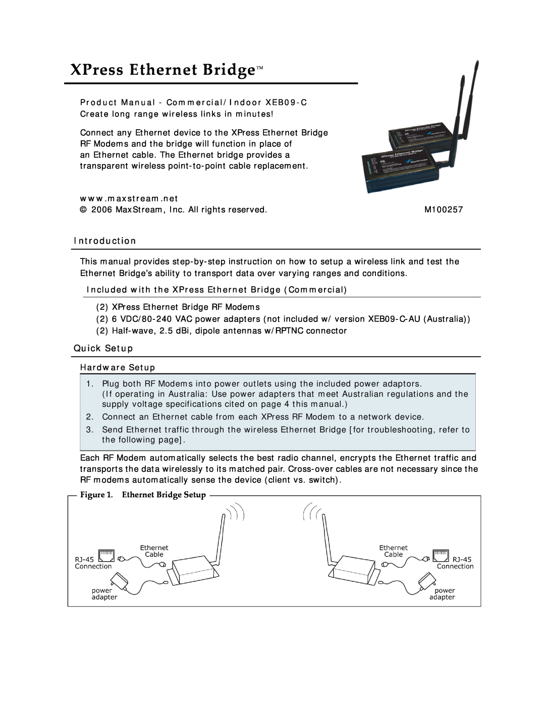 Xpress specifications Introduction, Quick Setup, Product Manual - Commercial/Indoor XEB09-C, Hardware Setup 