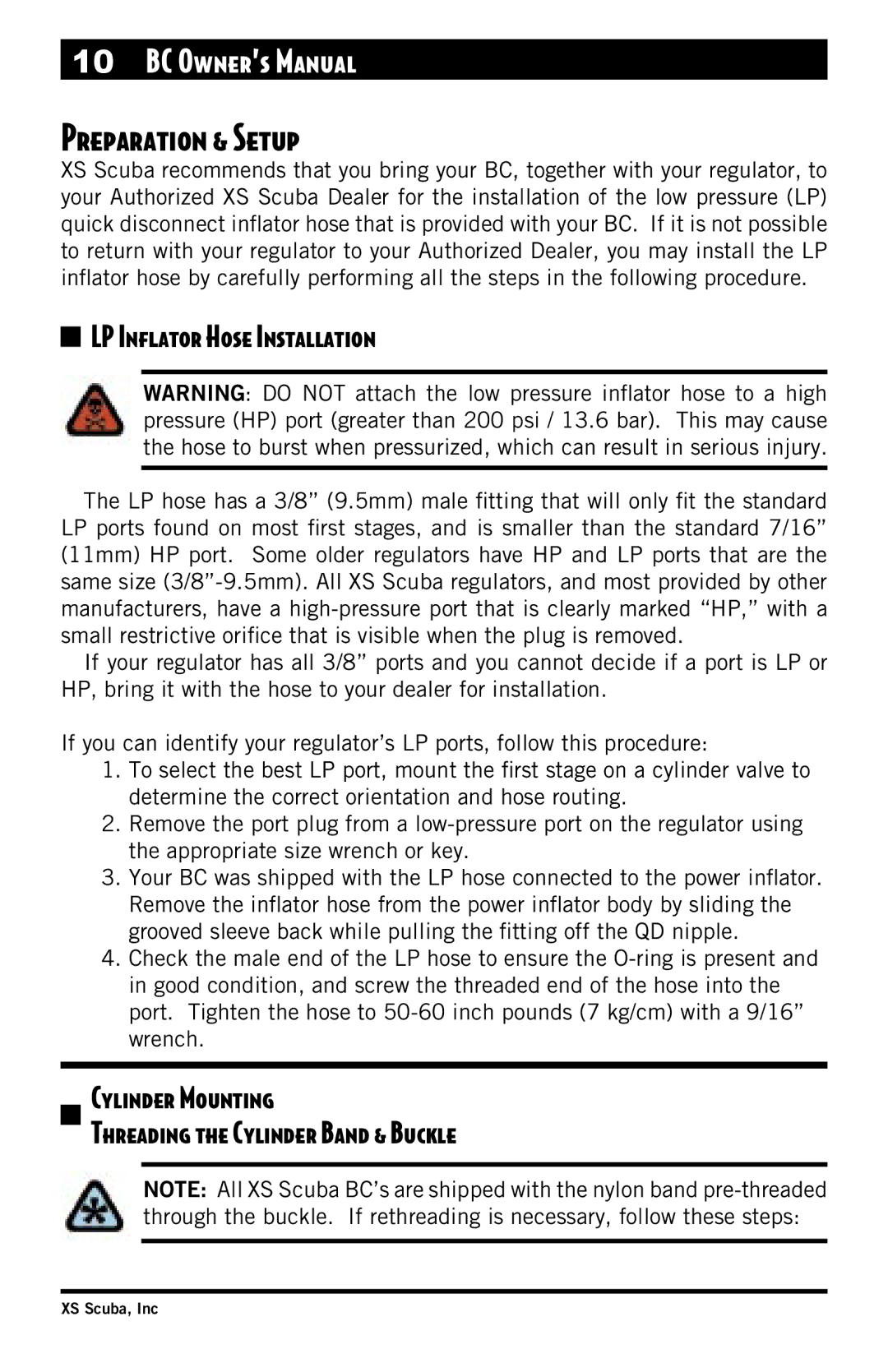 XS Scuba Buoyancy Compensator manual Preparation & Setup, LP Inﬂator Hose Installation 