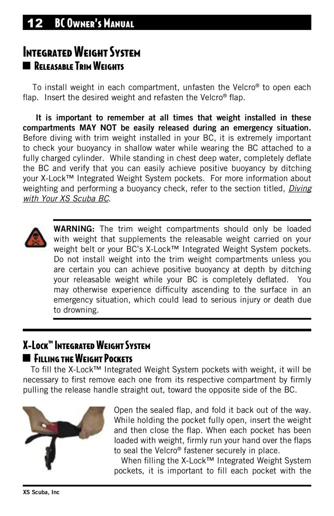 XS Scuba Buoyancy Compensator manual Integrated Weight System, Releasable Trim Weights 