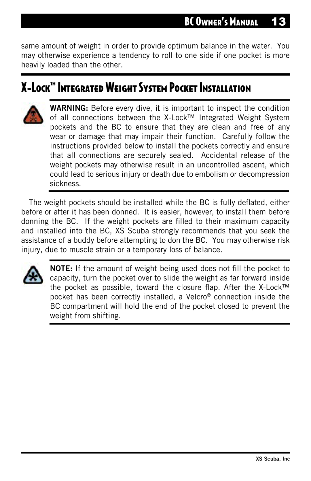 XS Scuba Buoyancy Compensator manual Lock Integrated Weight System Pocket Installation 