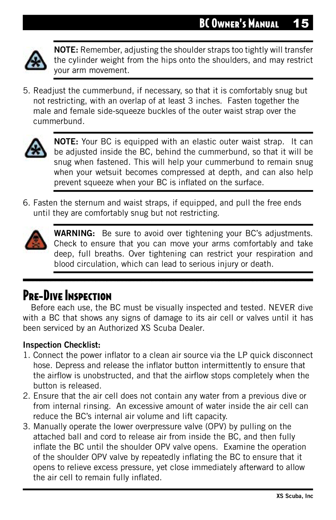 XS Scuba Buoyancy Compensator manual Pre-Dive Inspection, Inspection Checklist 