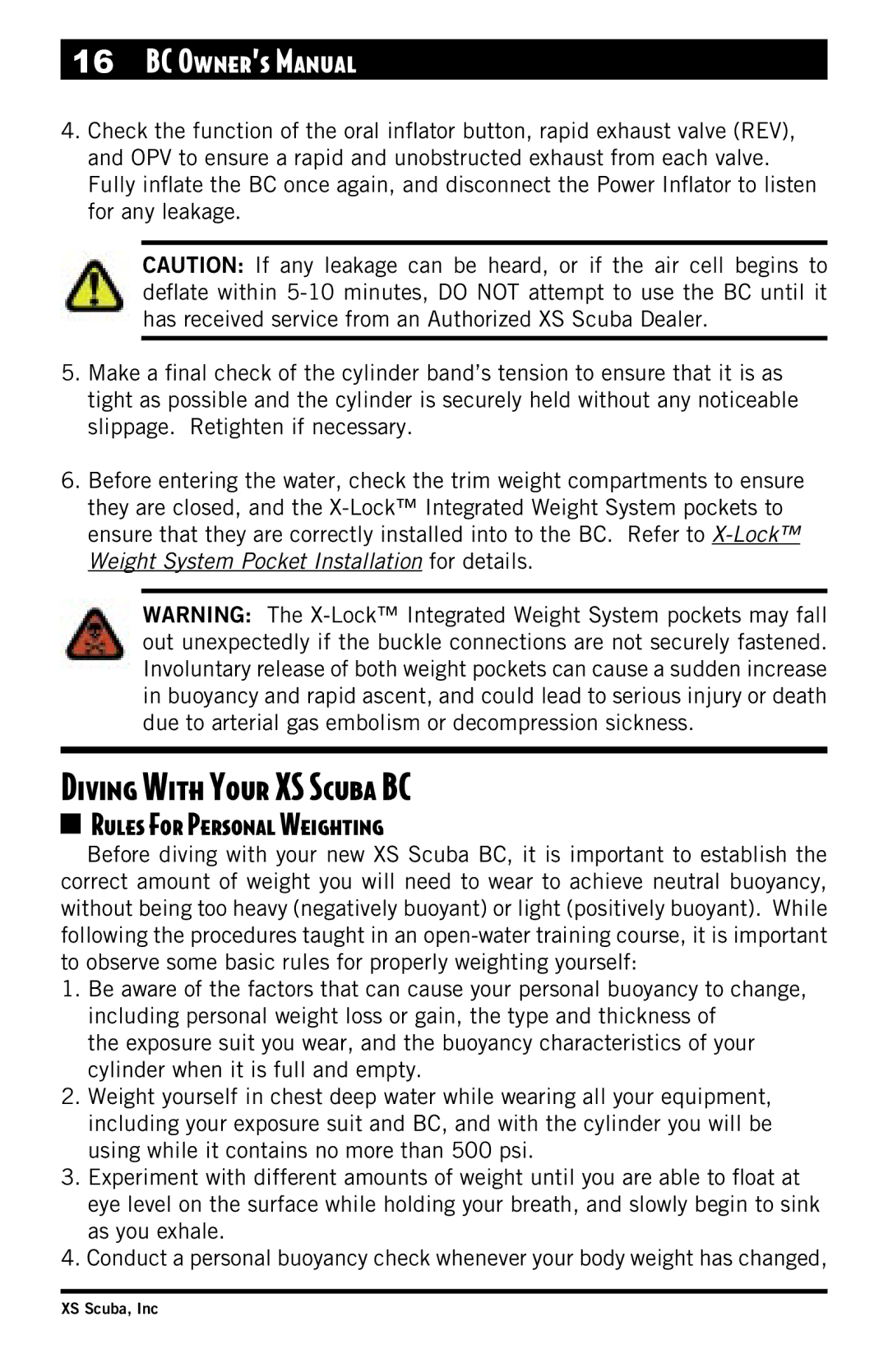 XS Scuba Buoyancy Compensator manual Diving With Your XS Scuba BC, Rules For Personal Weighting 