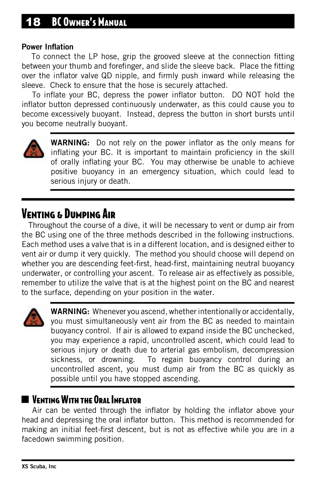 XS Scuba Buoyancy Compensator manual Venting & Dumping Air, Venting With the Oral Inﬂator, Power Inﬂation 