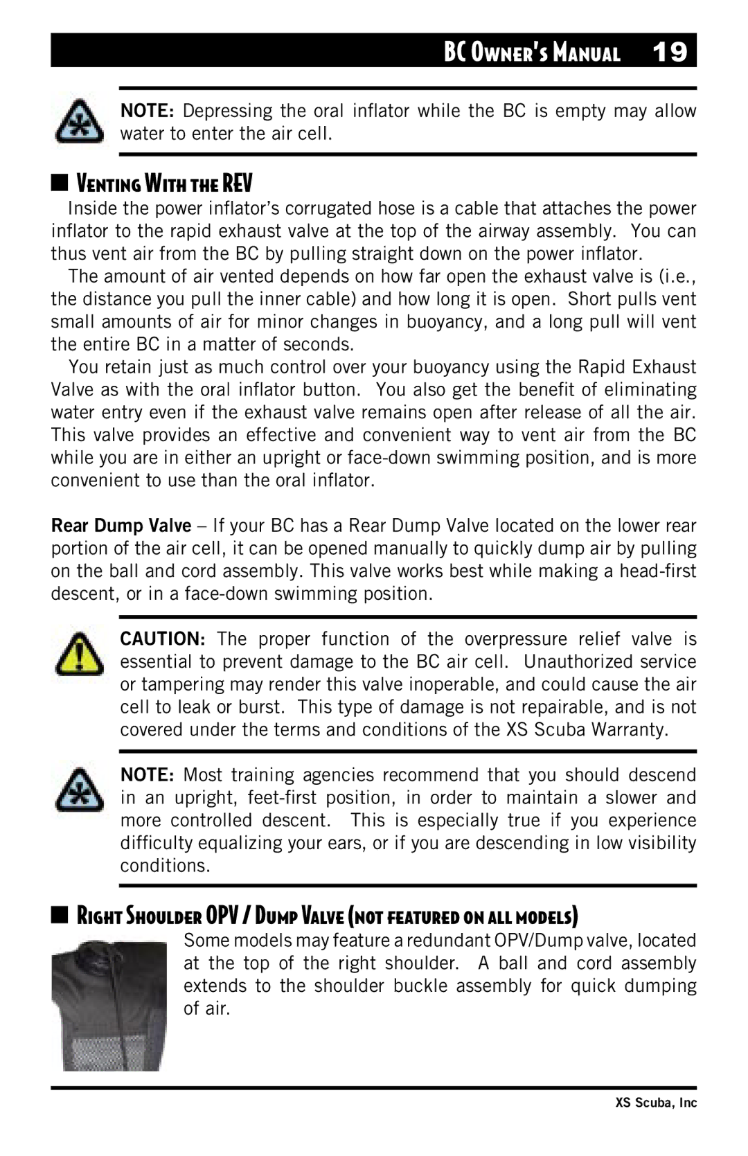 XS Scuba Buoyancy Compensator manual Venting With the REV, Right Shoulder OPV / Dump Valve not featured on all models 