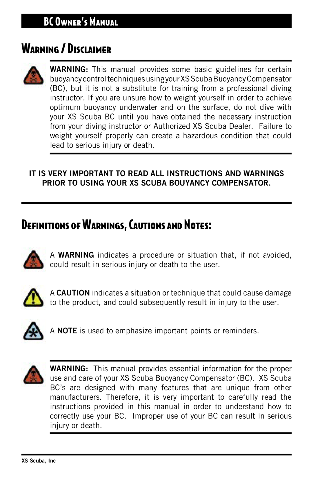 XS Scuba Buoyancy Compensator manual Deﬁnitions of Warnings, Cautions and Notes 