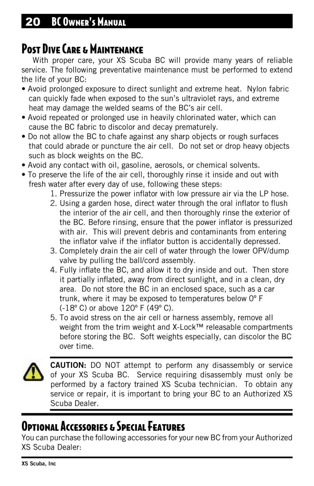 XS Scuba Buoyancy Compensator manual Post Dive Care & Maintenance, Optional Accessories & Special Features 