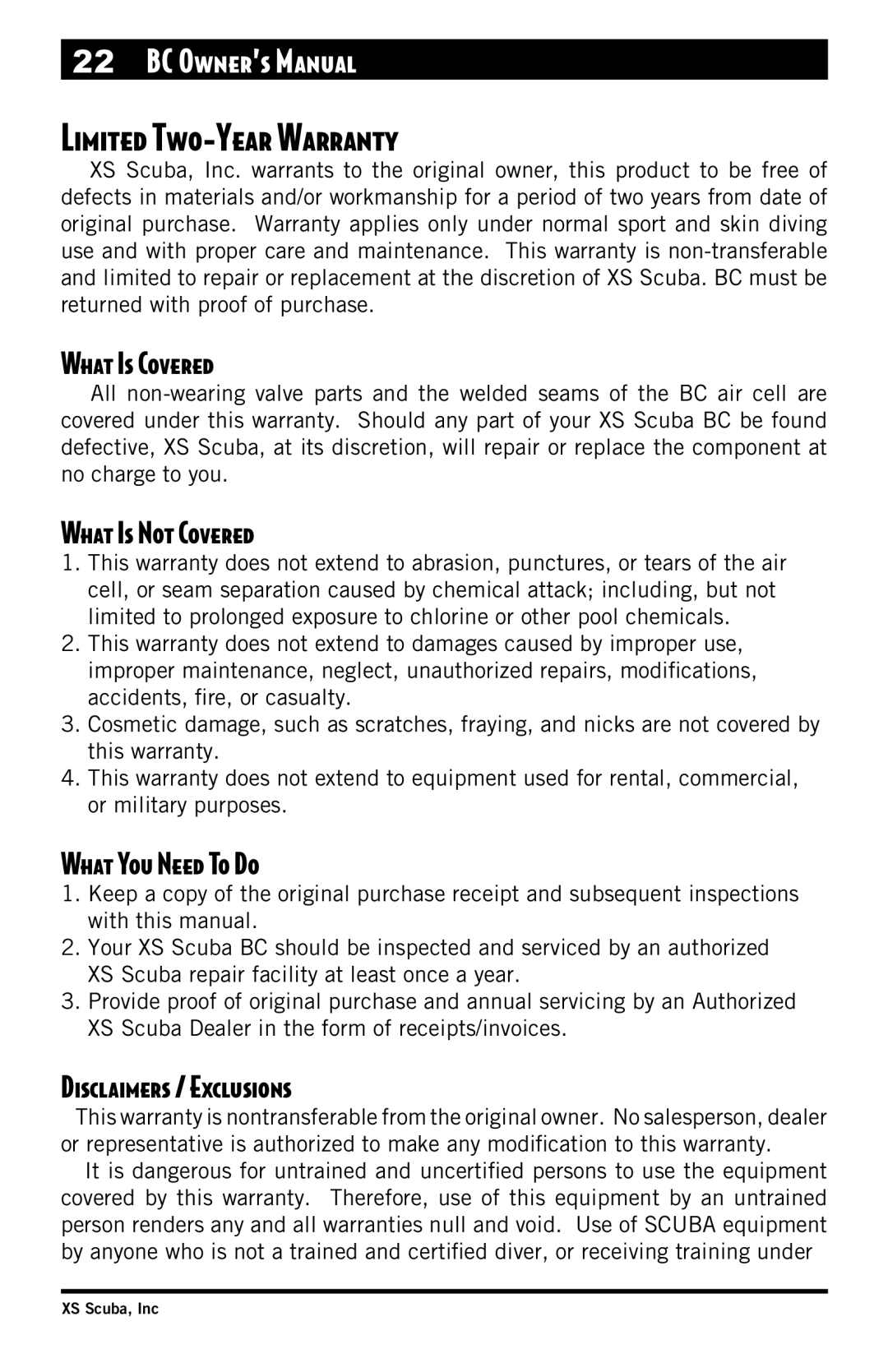 XS Scuba Buoyancy Compensator manual Limited Two-Year Warranty, What Is Covered, What Is Not Covered, What You Need To Do 