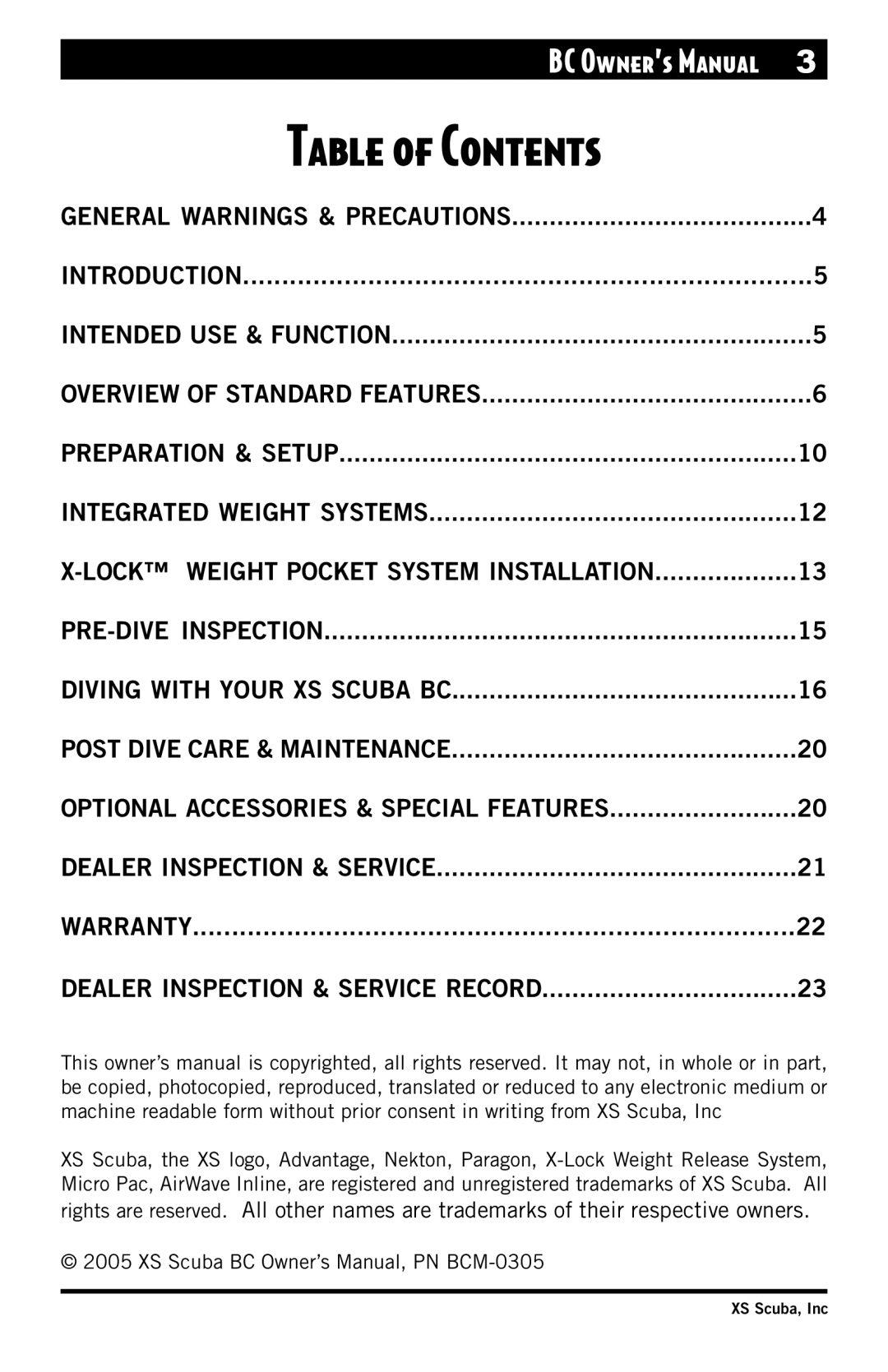 XS Scuba Buoyancy Compensator manual Table of Contents 