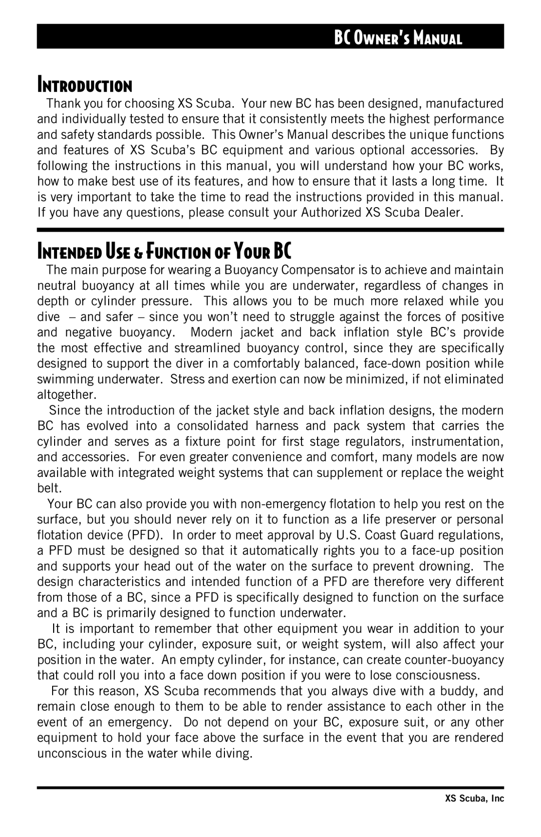XS Scuba Buoyancy Compensator manual Introduction Intended Use & Function of Your BC 