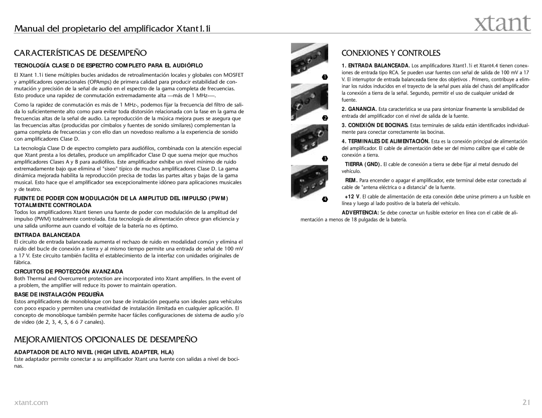 Xtant 1.1 owner manual Características DE Desempeño, Mejoramientos Opcionales DE Desempeño 